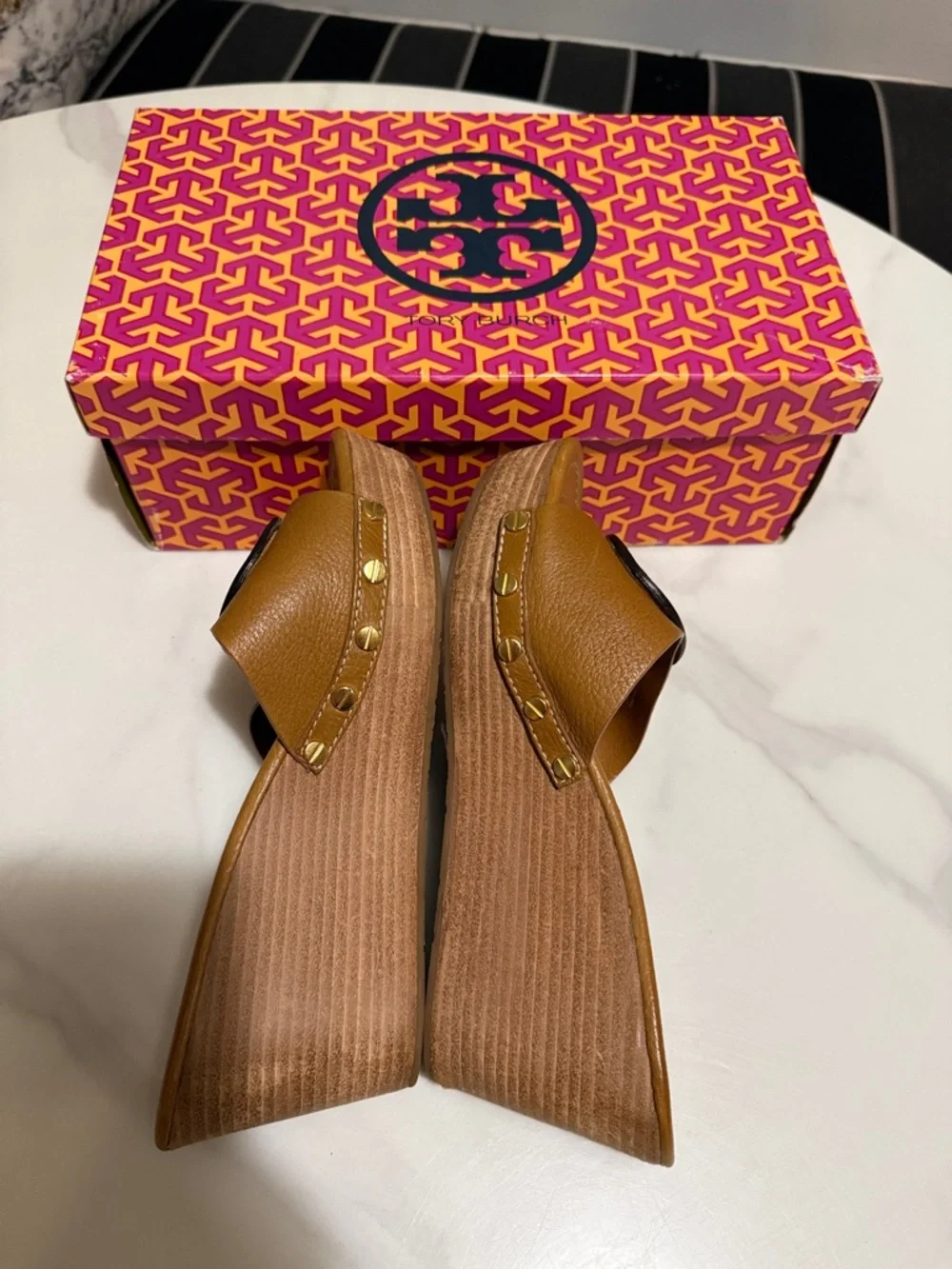 Tory Burch Cognac Leather Wedge Slide Sandals
